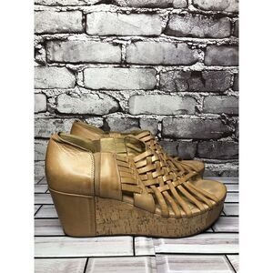 Chocolat Blu Web Tan Leather Woven Cork Wedge Platform Sandals Women Sz 9.5M US